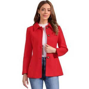Winter Overcoat Single Breasted Point Collar Pea Coat Bright Red